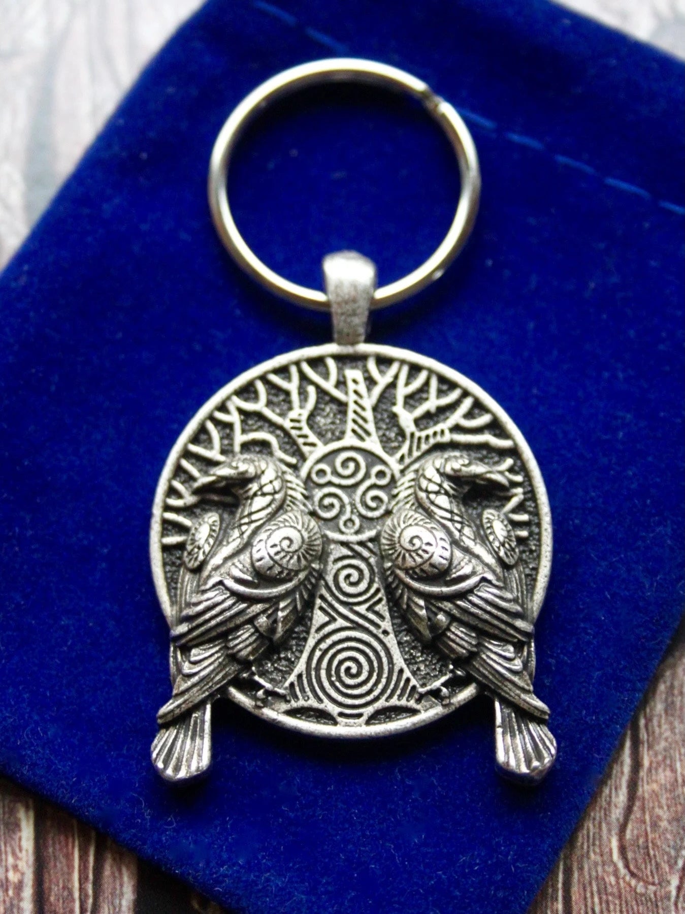 Viking Raven Pendant Keyring with Gift Pouch, Silver Metal Keychain