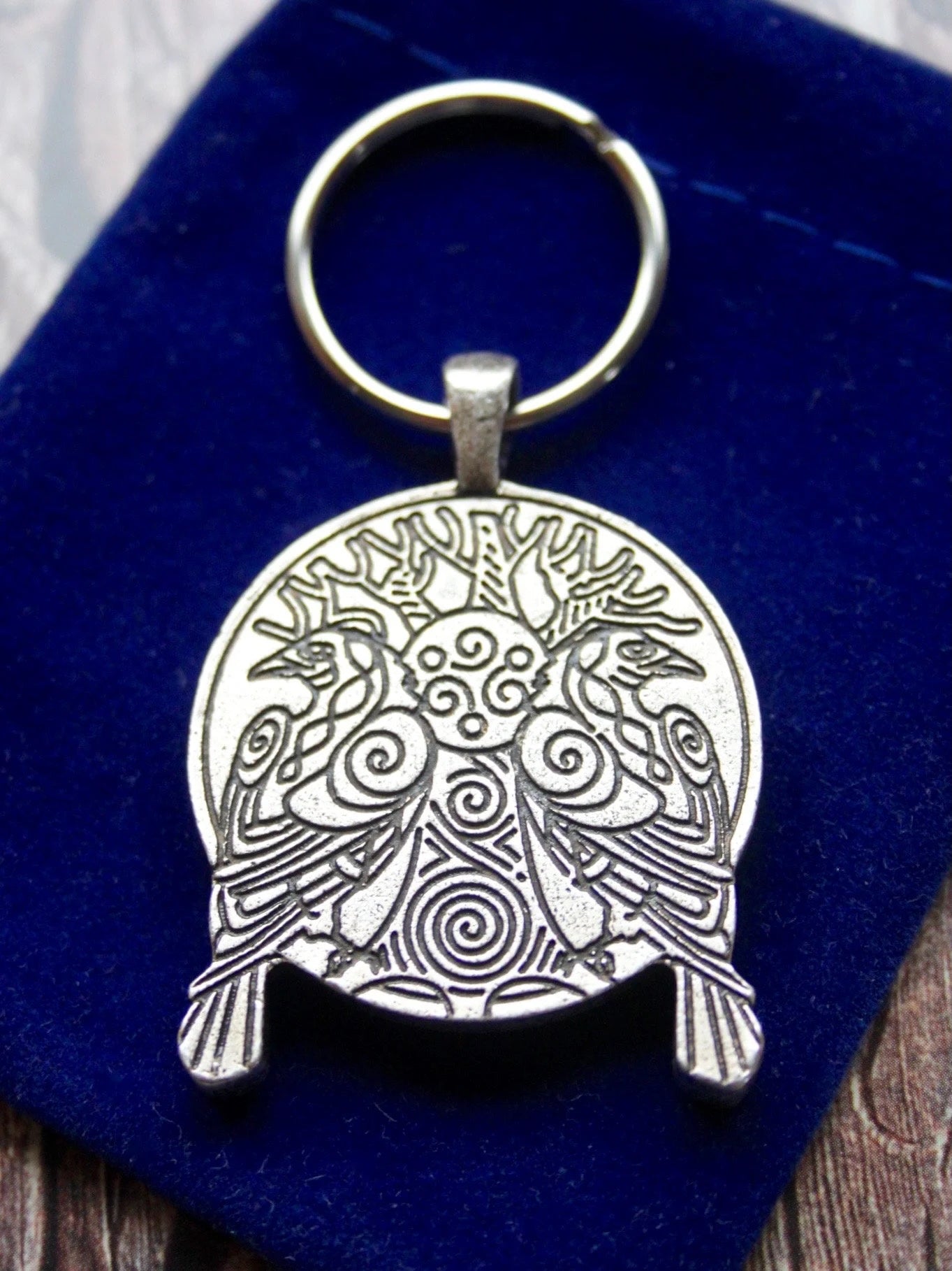Viking Raven Pendant Keyring with Gift Pouch, Silver Metal Keychain