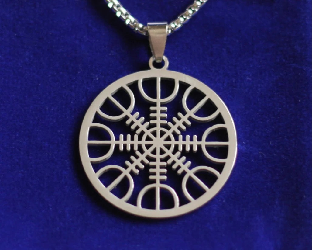Aegishjalmur Viking Pendant Necklace with Gift Pouch, Silver Stainless Steel