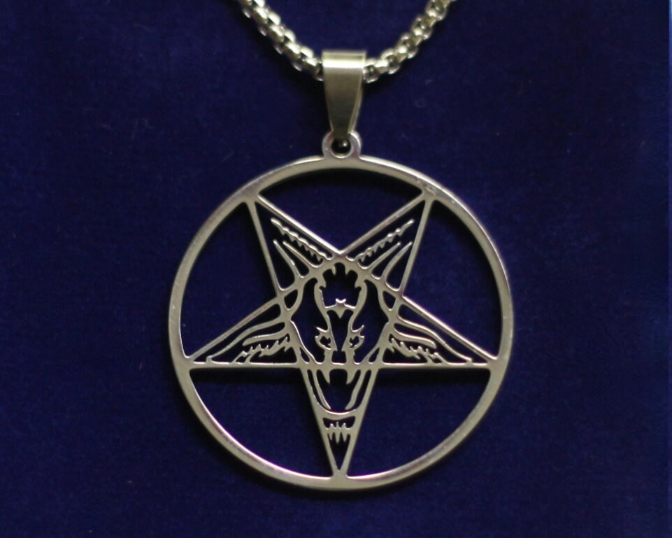 Baphomet Sigil Pendant Necklace with Gift Pouch, Silver Stainless Steel