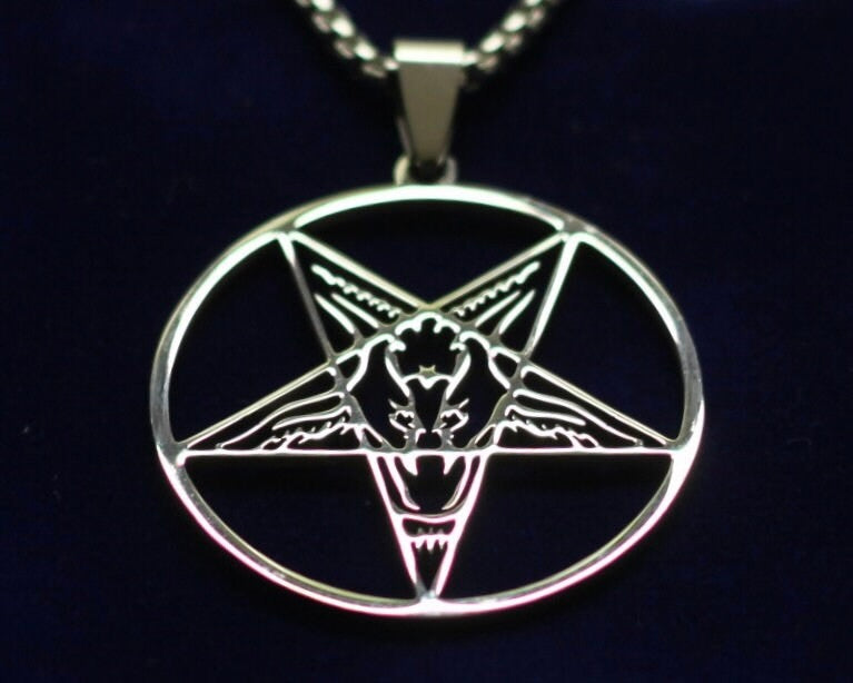 Baphomet Sigil Pendant Necklace with Gift Pouch, Silver Stainless Steel