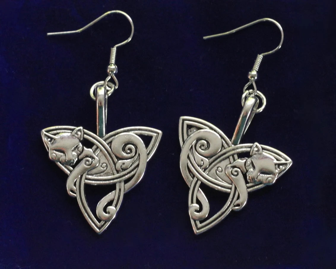 Triquetra Triple Knot Celtic Cat Earrings with Gift Pouch
