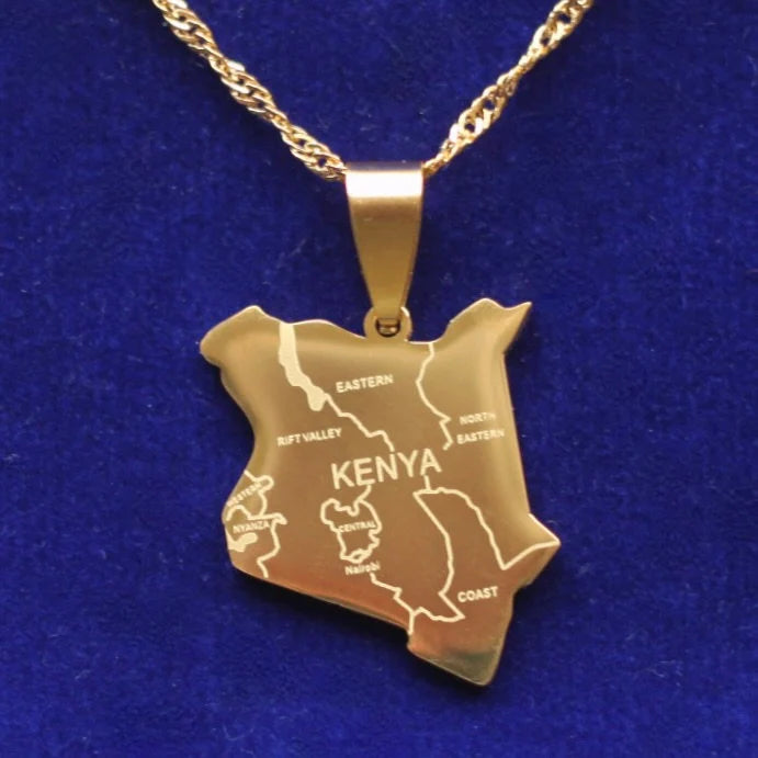 Kenya Map Pendant Necklace with Gift Pouch, Gold Stainless Steel