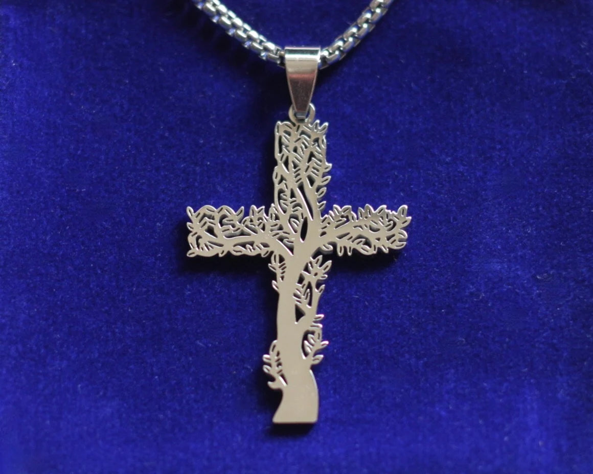 Crucifix Cross Pendant Necklace, Silver Stainless Steel, Tree of Life Design