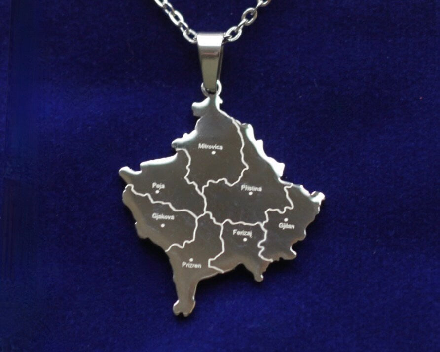 Kosovo Map Pendant Necklace with Gift Pouch, Silver Stainless Steel