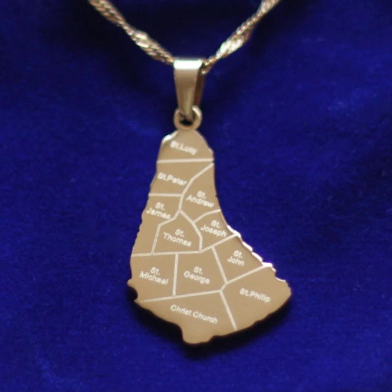 Barbados Map Pendant Necklace with Gift Pouch, Gold Stainless Steel