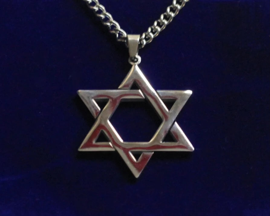 Star of David Pendant Necklace with Gift Pouch, Silver Stainless Steel