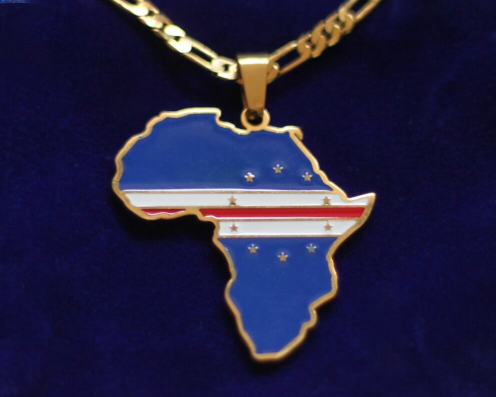 Cape Verde Flag Pendant Necklace with Gift Pouch, Africa Map Gold Stainless Steel