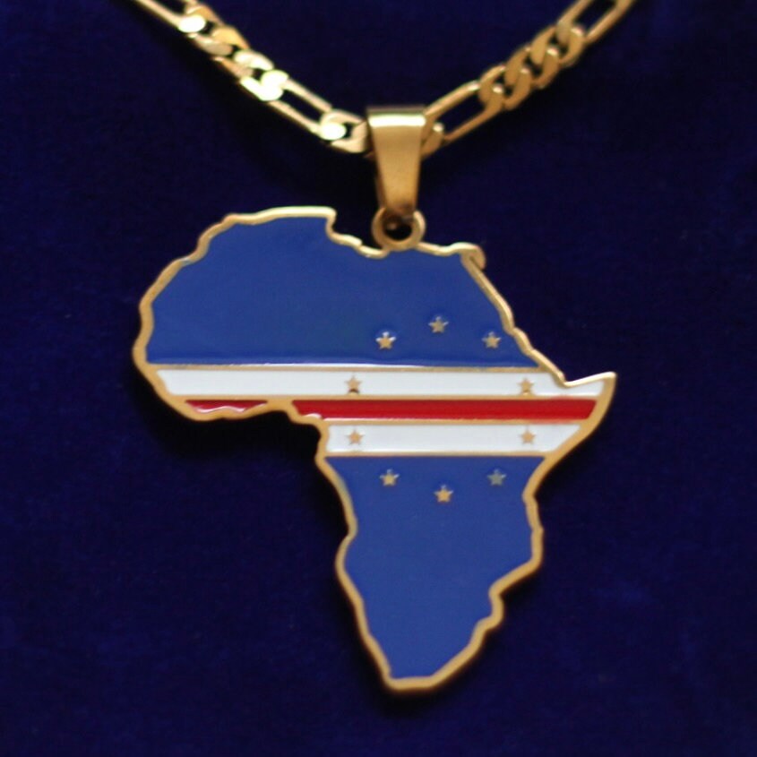 Cape Verde Flag Pendant Necklace with Gift Pouch, Africa Map Gold Stainless Steel