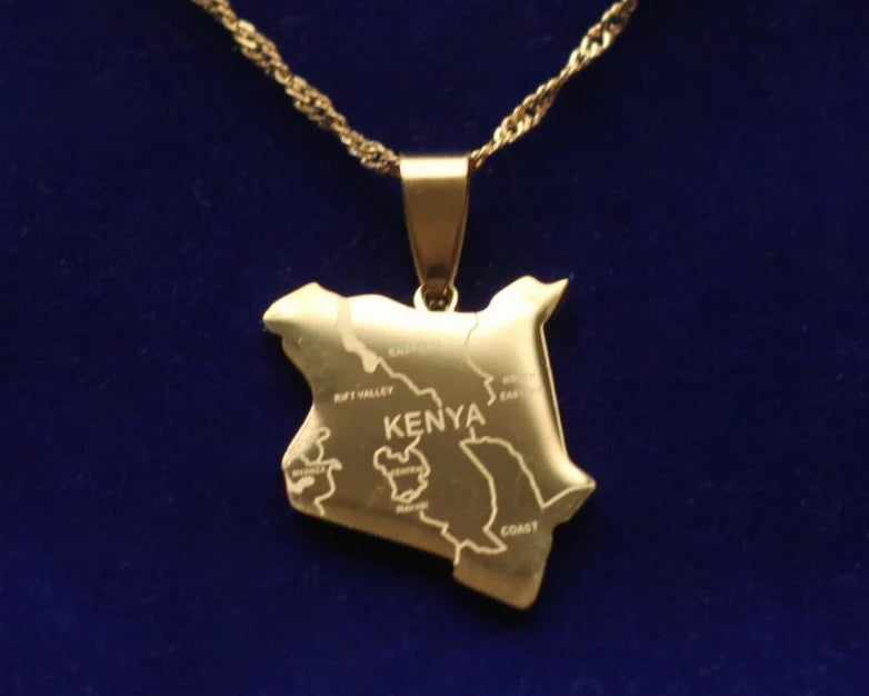 Kenya Map Pendant Necklace with Gift Pouch, Gold Stainless Steel