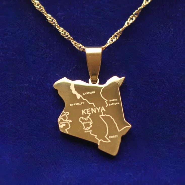 Kenya Map Pendant Necklace with Gift Pouch, Gold Stainless Steel