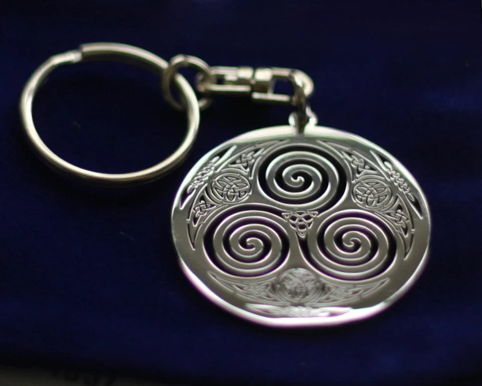Triskele Celtic Knot Pendant Keyring with Gift Pouch, Silver Stainless Steel Keychain