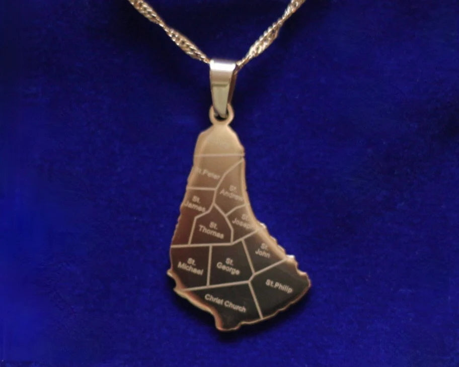 Barbados Map Pendant Necklace with Gift Pouch, Gold Stainless Steel