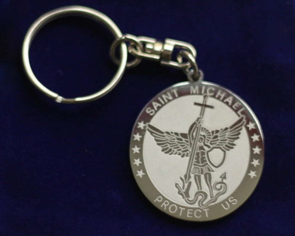 Saint Michael Protect Us Keyring with Gift Pouch, Silver Stainless Steel Keychain