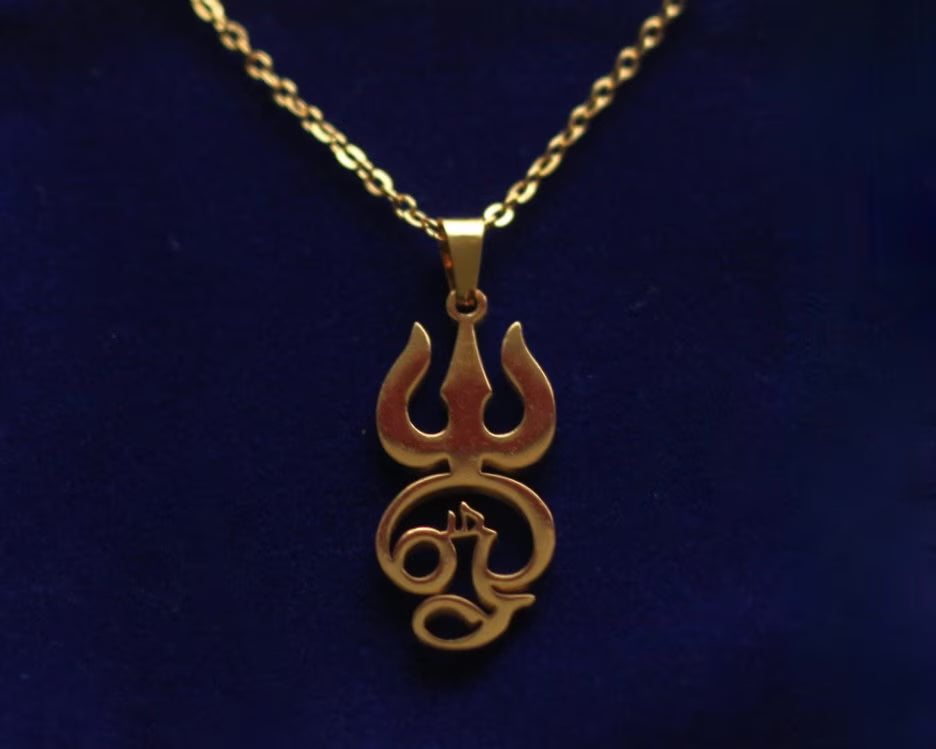 Tamil Om Trishula Pendant Necklace with Gift Pouch, Gold Stainless Steel