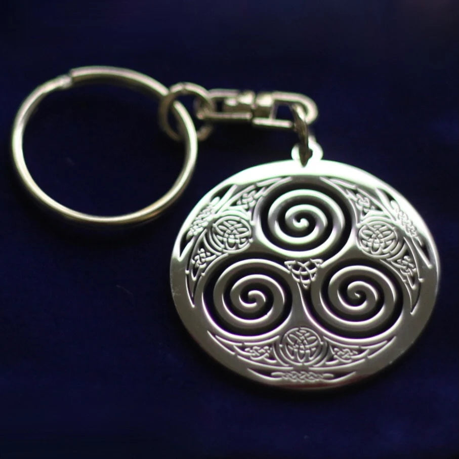 Triskele Celtic Knot Pendant Keyring with Gift Pouch, Silver Stainless Steel Keychain