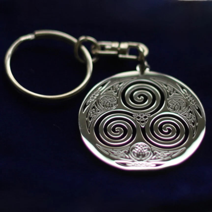 Triskele Celtic Knot Pendant Keyring with Gift Pouch, Silver Stainless Steel Keychain