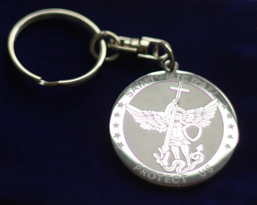 Saint Michael Protect Us Keyring with Gift Pouch, Silver Stainless Steel Keychain