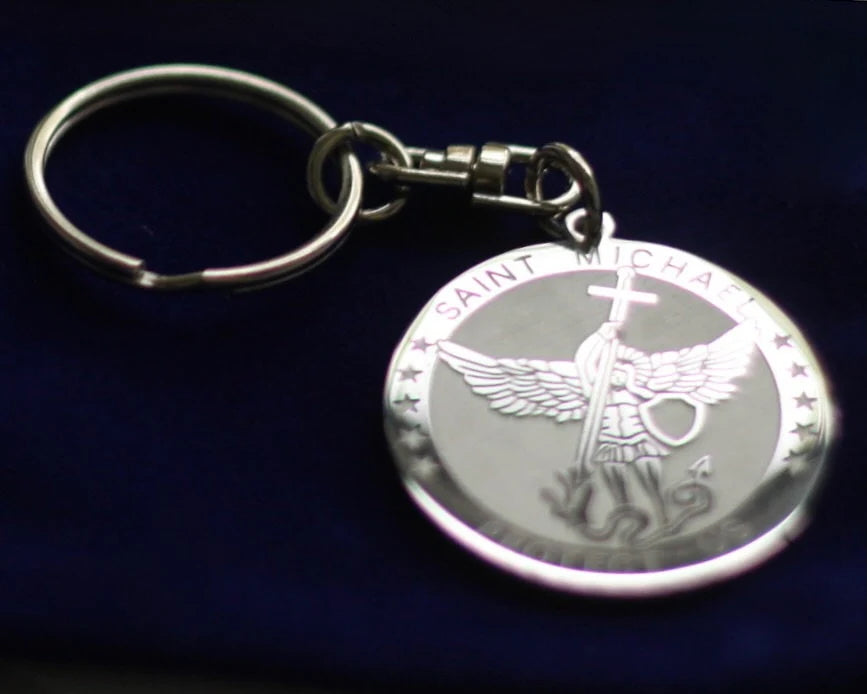 Saint Michael Protect Us Keyring with Gift Pouch, Silver Stainless Steel Keychain
