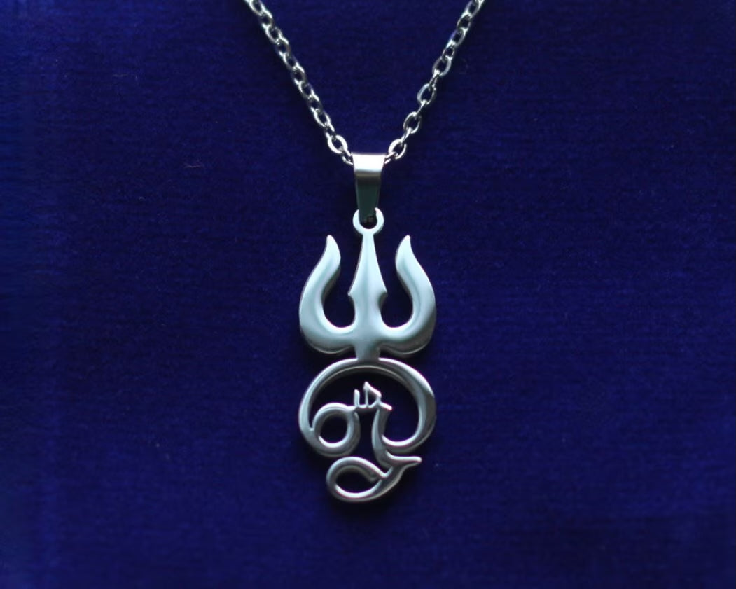 Tamil Om Trishula Pendant Necklace with Gift Pouch, Silver Stainless Steel