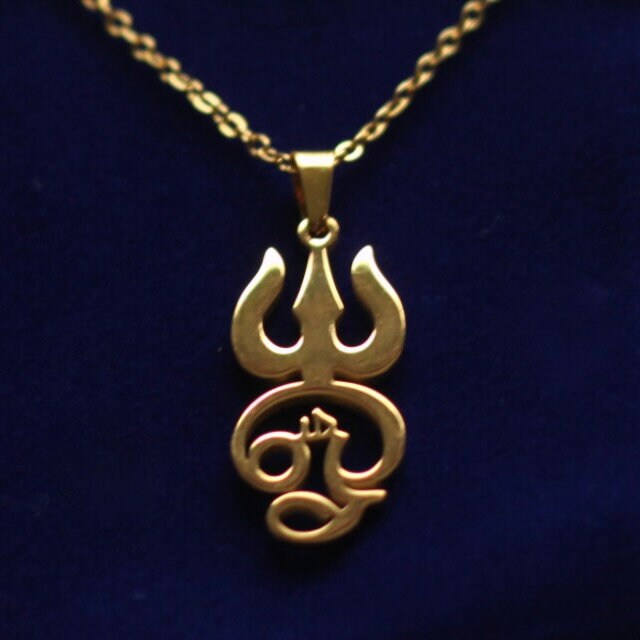 Tamil Om Trishula Pendant Necklace with Gift Pouch, Gold Stainless Steel