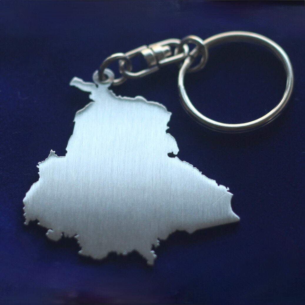 Punjab Map Keyring with Gift Pouch, Silver Stainless Steel Keychain