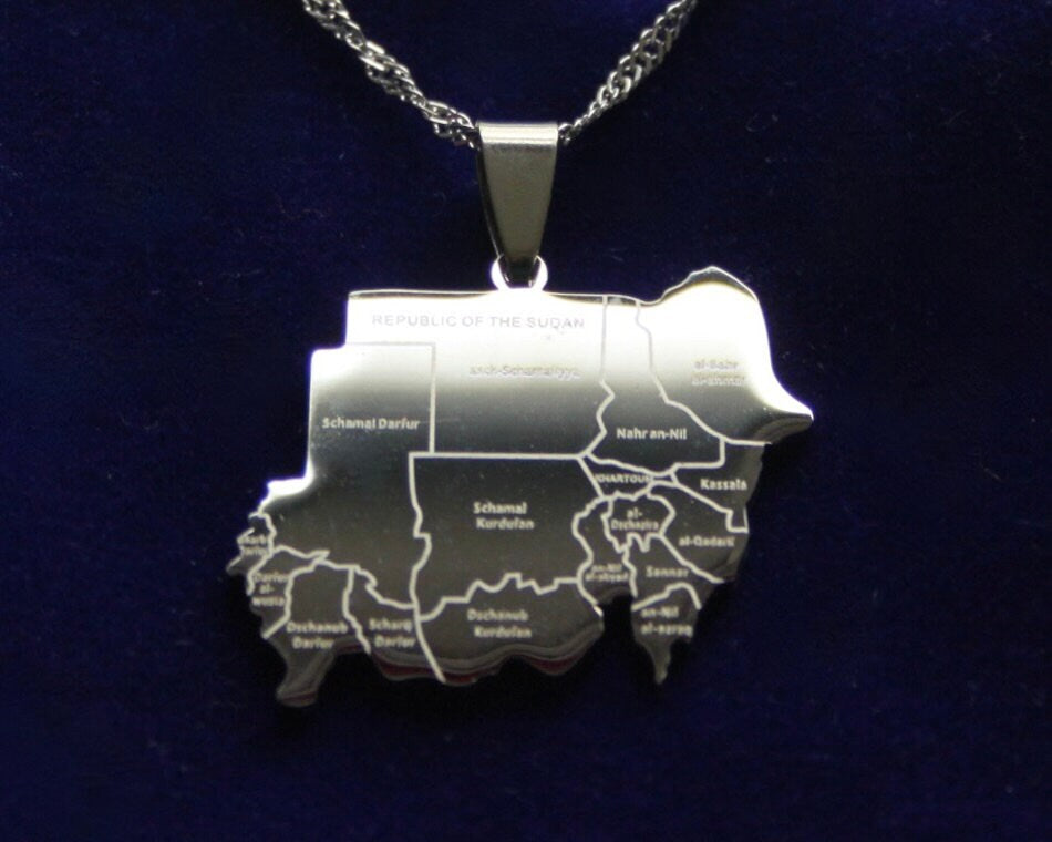 Sudan Map Pendant Necklace with Gift Pouch, Silver Stainless Steel