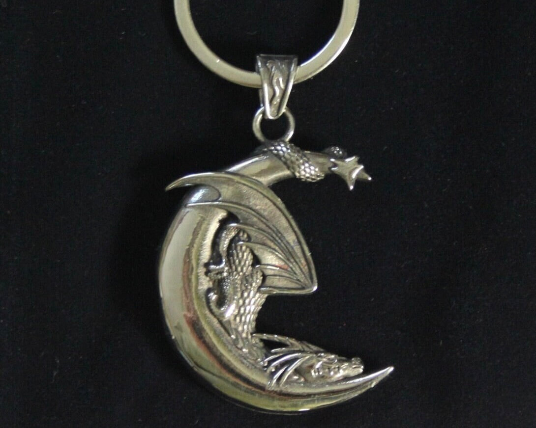 Dragon Moon Pendant Keyring with Gift Pouch, Solid Silver Stainless Steel Keychain