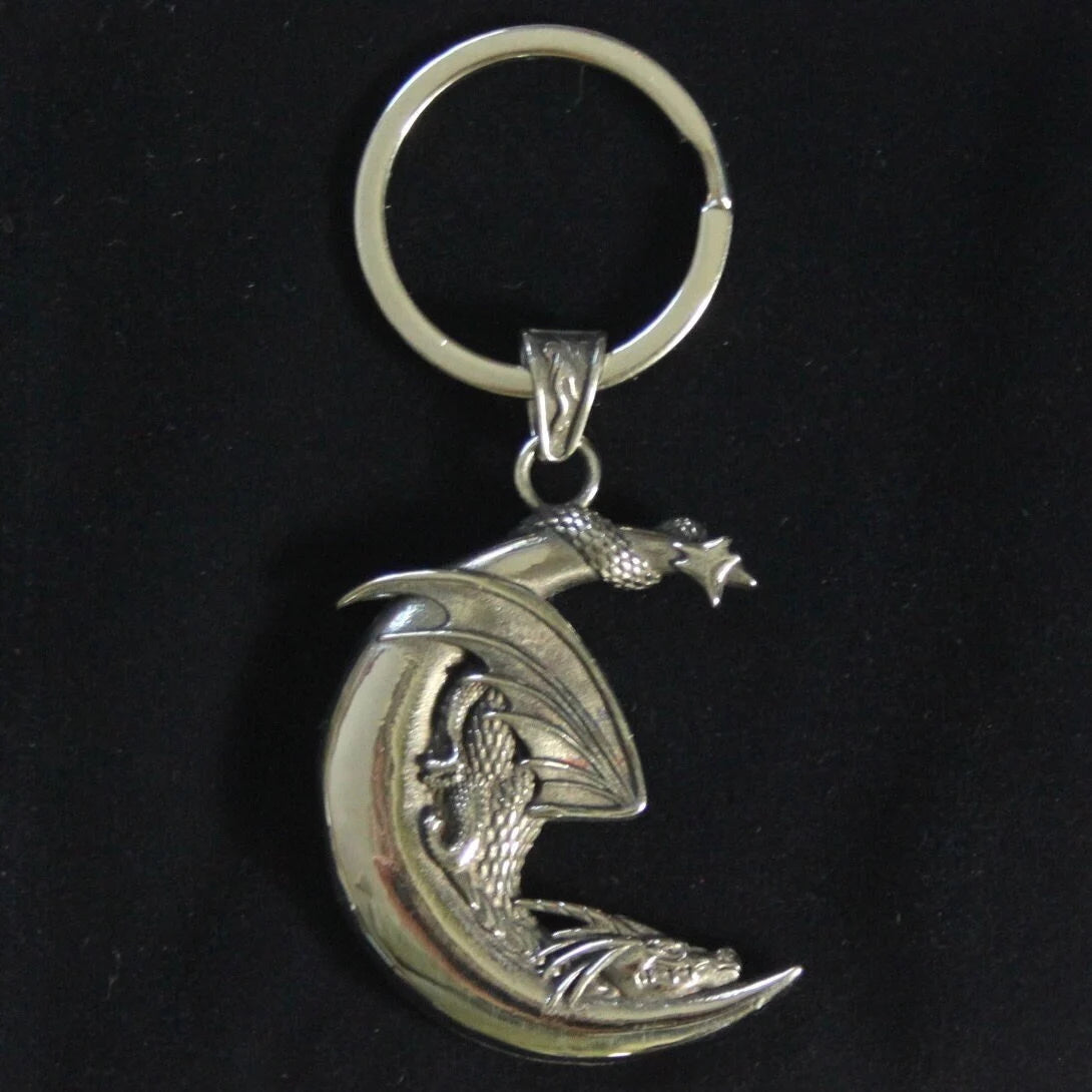 Dragon Moon Pendant Keyring with Gift Pouch, Solid Silver Stainless Steel Keychain