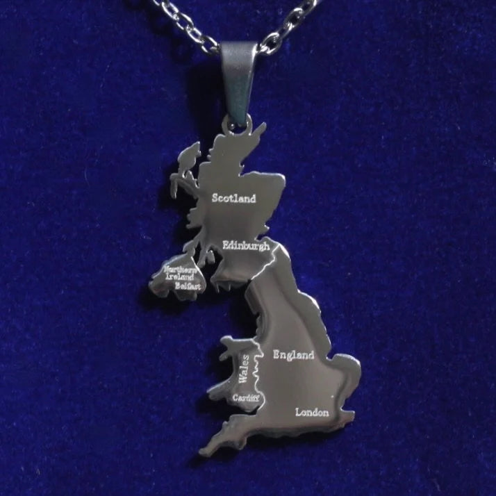 United Kingdom Map Pendant Necklace with Gift Pouch, Silver Stainless Steel