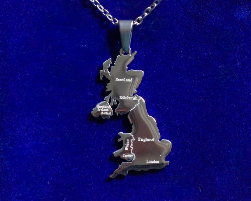 United Kingdom Map Pendant Necklace with Gift Pouch, Silver Stainless Steel