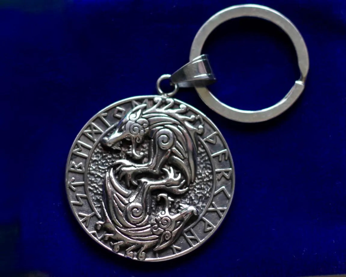 Viking Wolf Fenrir Pendant Keyring with Gift Pouch, Silver Stainless Steel Keychain
