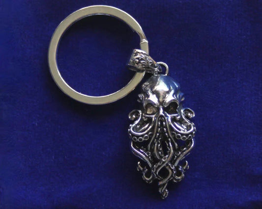 Cthulhu Head Pendant Keyring with Gift Pouch, Silver Metal Keychain
