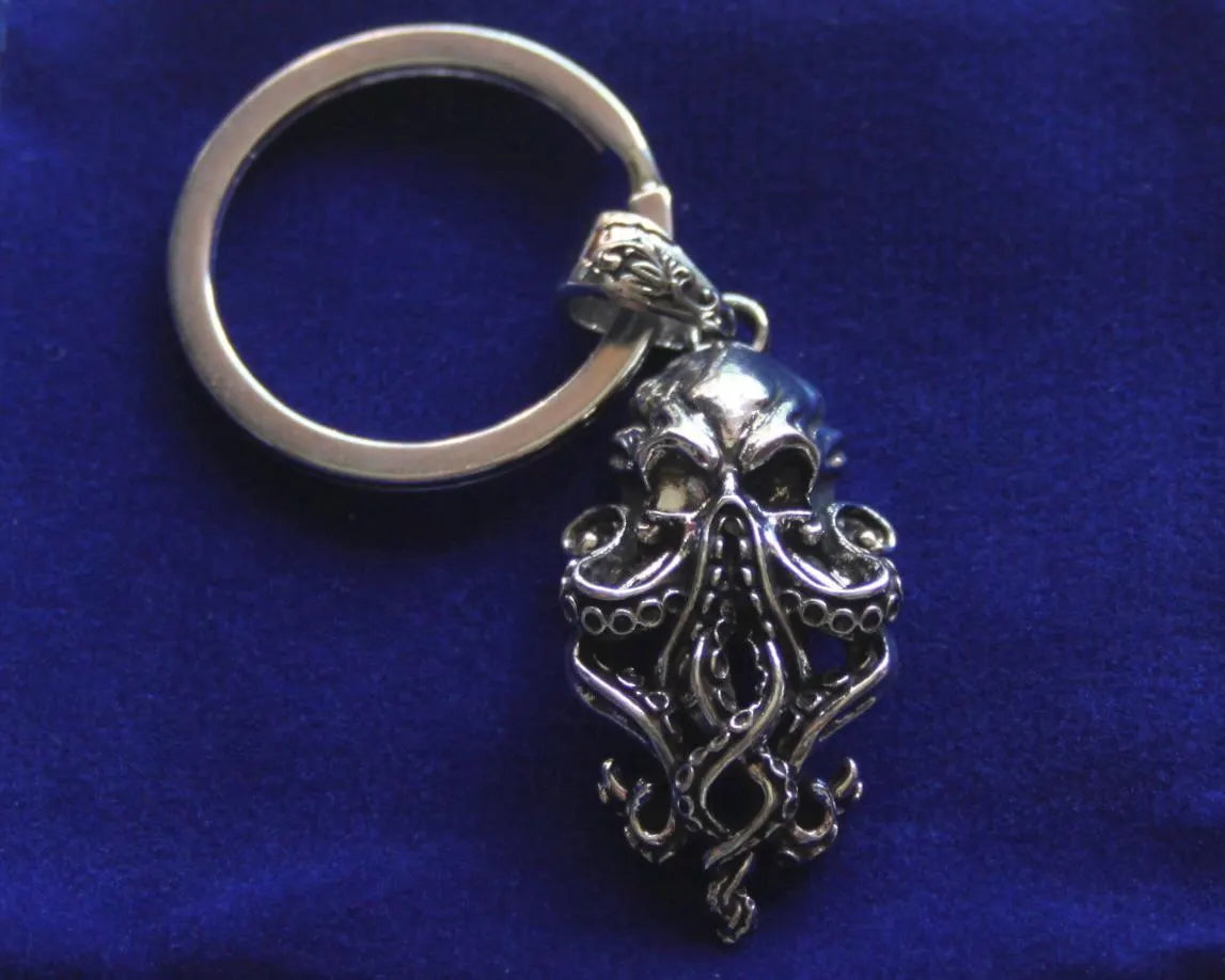 Cthulhu Head Pendant Keyring with Gift Pouch, Silver Metal Keychain