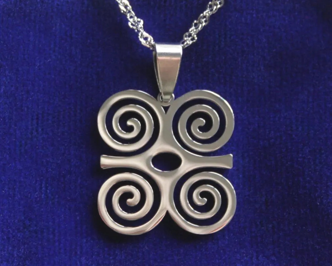 Dwennimmen Adinkra Pendant Necklace with Gift Pouch, Silver Stainless Steel