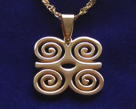 Dwennimmen Adinkra Pendant Necklace with Gift Pouch, Gold Stainless Steel
