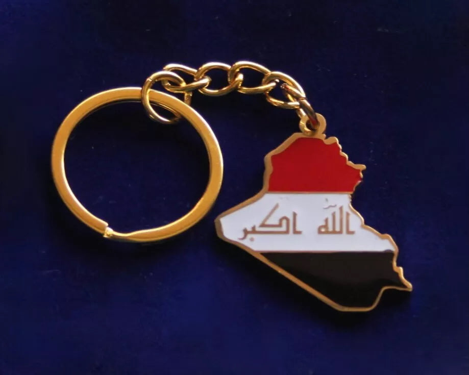 Iraq Flag Map Keyring with Gift Pouch, Enamelled Gold Stainless Steel Keychain