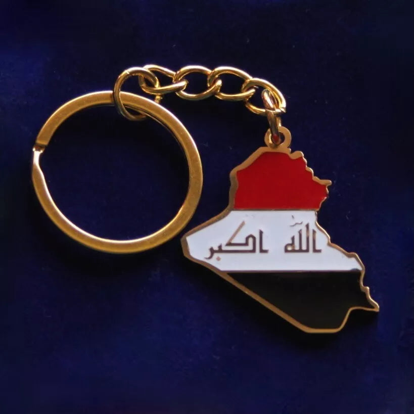 Iraq Flag Map Keyring with Gift Pouch, Enamelled Gold Stainless Steel Keychain