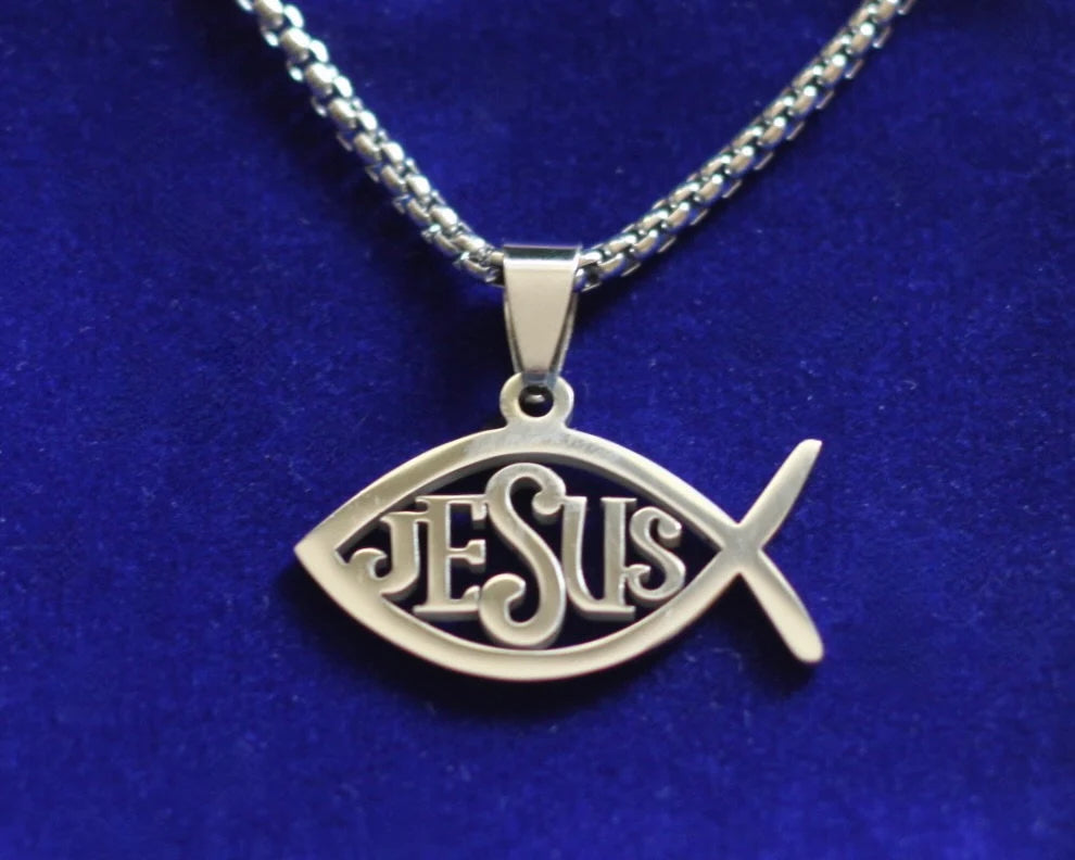 Jesus Fish Pendant Necklace and Gift Pouch, Silver Stainless Steel