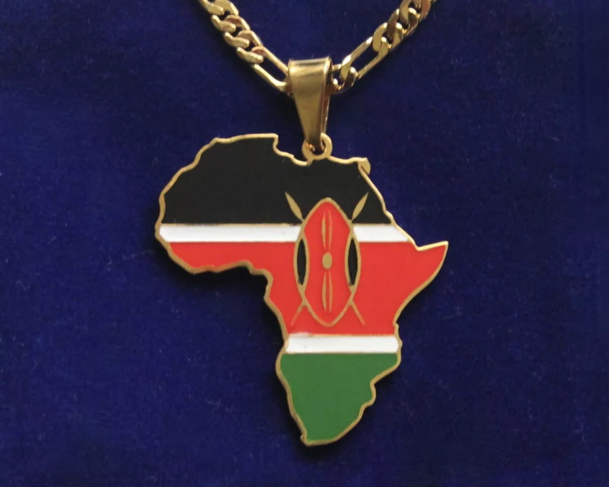 Kenya Flag Pendant Necklace with Gift Pouch, Africa Map Gold Stainless Steel