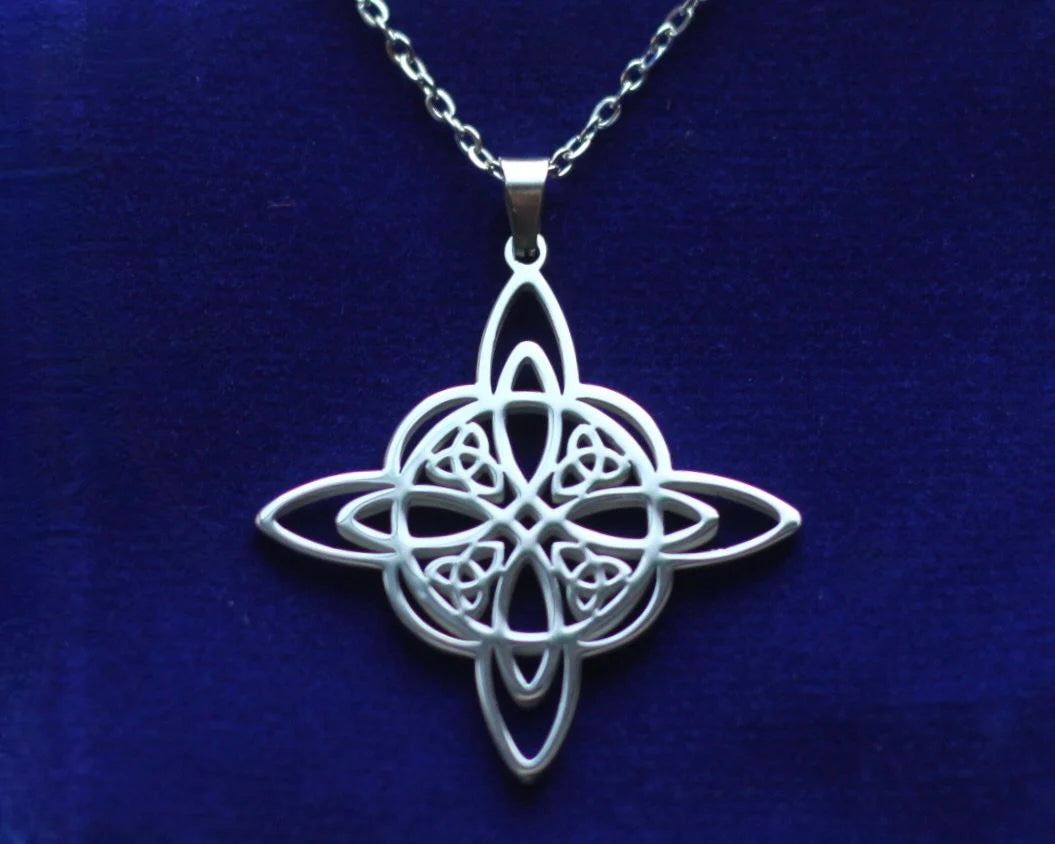 Witch Knot Pendant Necklace with Gift Pouch, Silver Stainless Steel