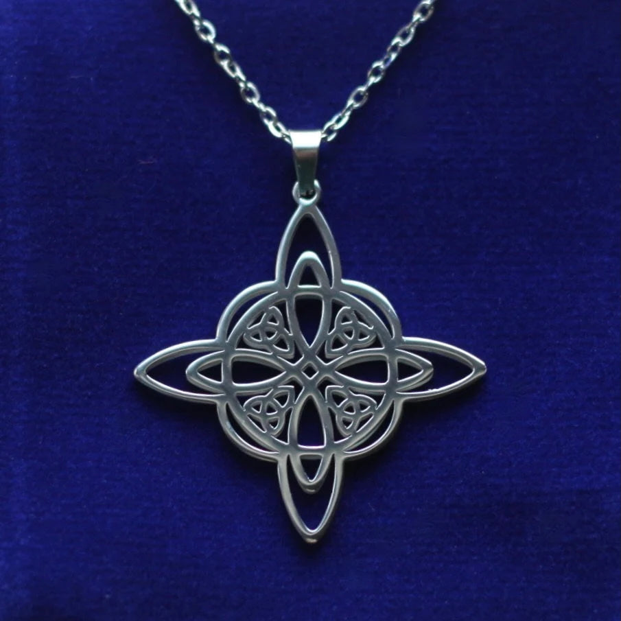Witch Knot Pendant Necklace with Gift Pouch, Silver Stainless Steel