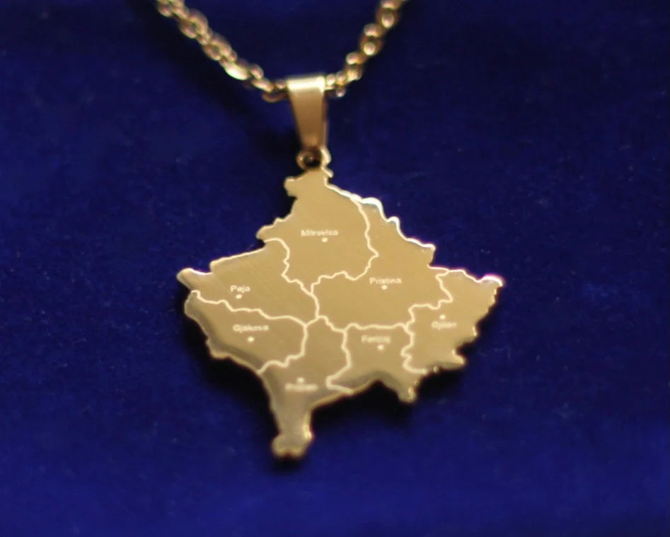 Kosovo Map Pendant Necklace with Gift Pouch, Gold Stainless Steel