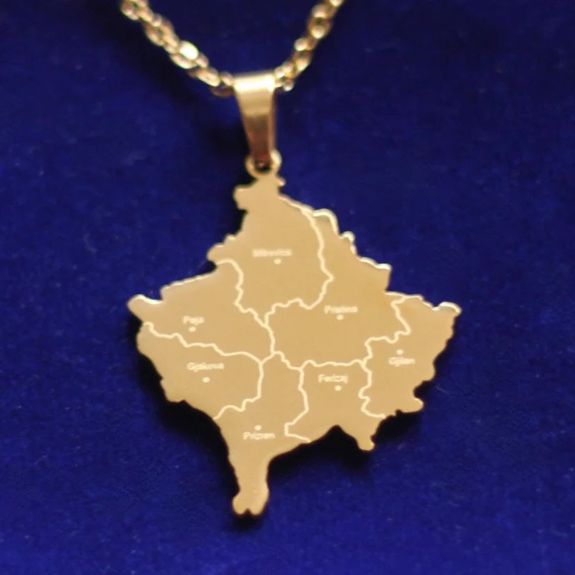 Kosovo Map Pendant Necklace with Gift Pouch, Gold Stainless Steel