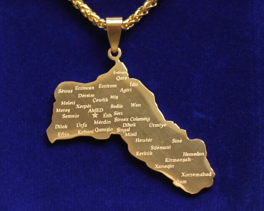 Kurdistan Map Pendant Necklace with Gift Pouch, Gold Stainless Steel