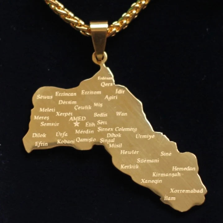 Kurdistan Map Pendant Necklace with Gift Pouch, Gold Stainless Steel