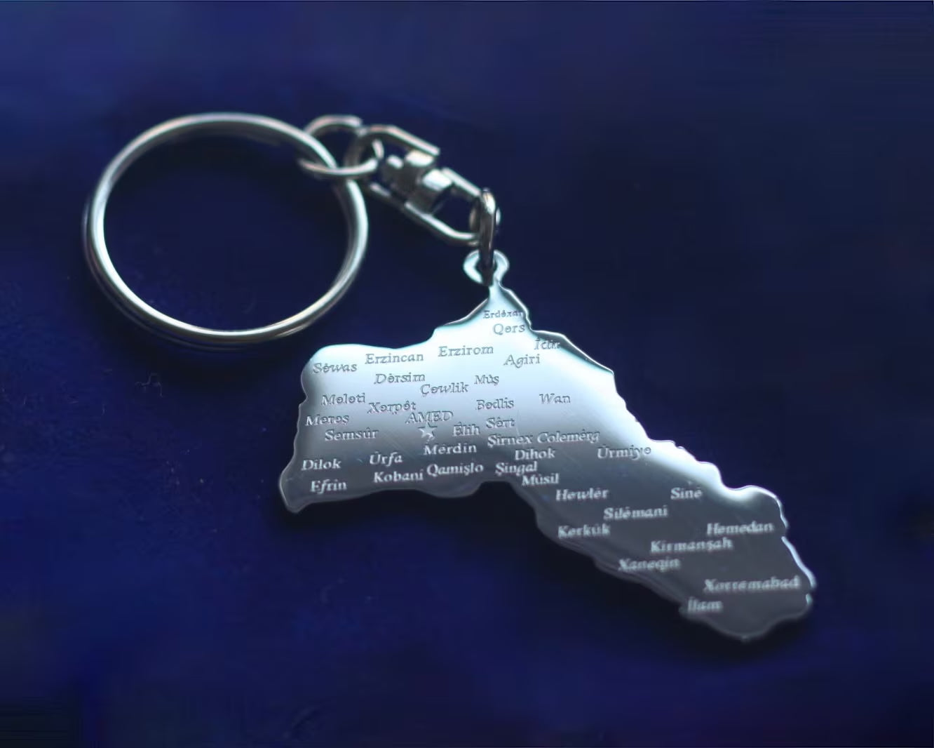 Kurdistan Map Keyring with Gift Pouch, Silver Stainless Steel