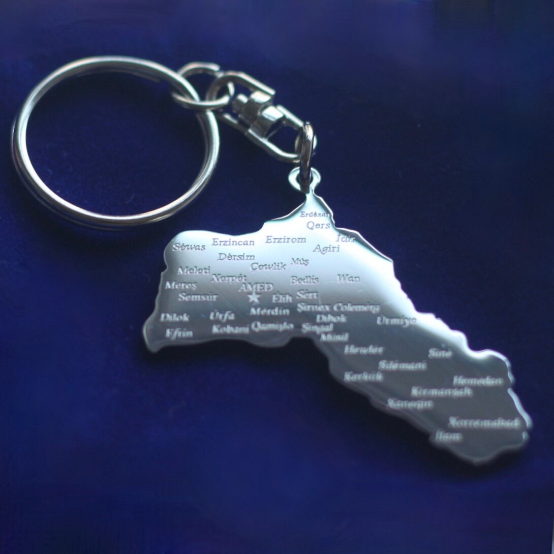 Kurdistan Map Keyring with Gift Pouch, Silver Stainless Steel