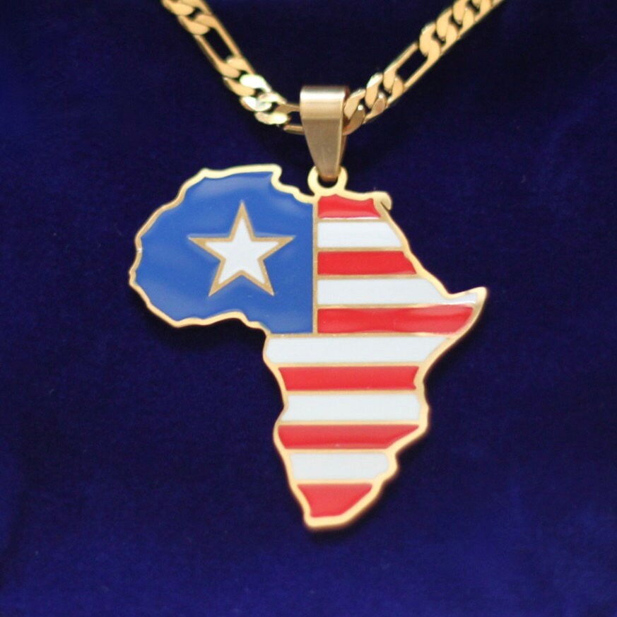 Liberia Flag Pendant Necklace with Gift Pouch, Africa Map Gold Stainless Steel