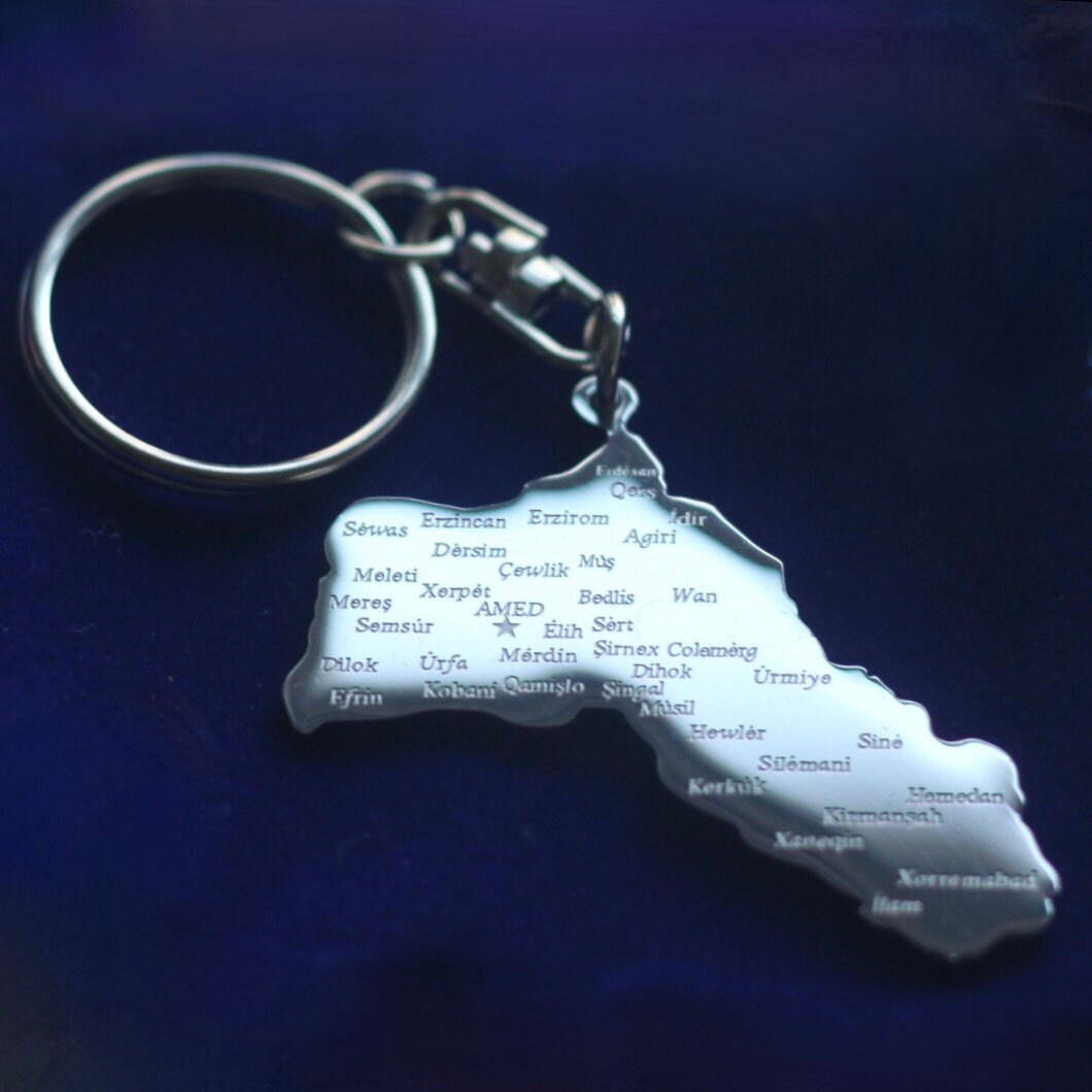 Kurdistan Map Keyring with Gift Pouch, Silver Stainless Steel